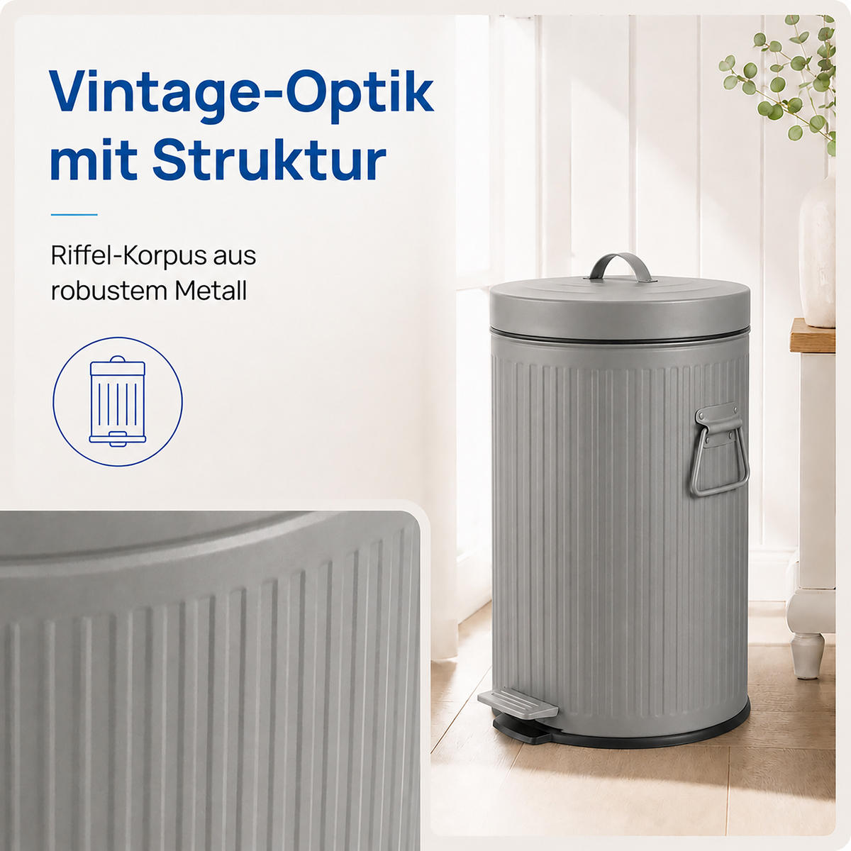 MÜLLEIMER Grau Tretpedal Soft Close Metall 20 l - Grau, Kunststoff/Metall (29.5/47/29.5cm) - Relaxdays