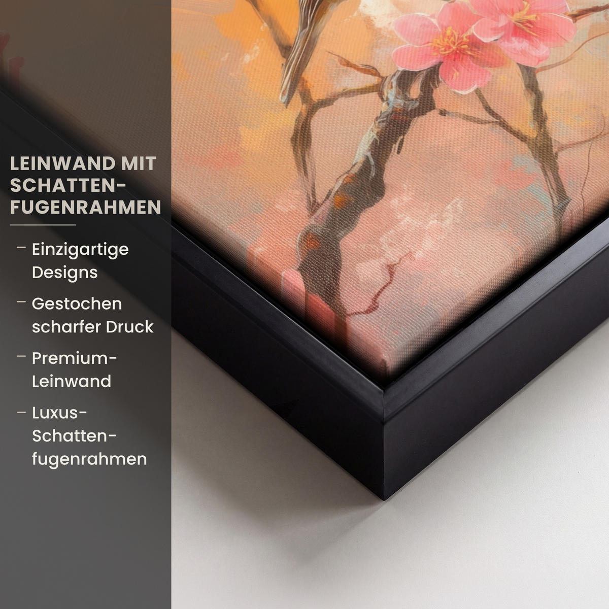 LEINWAND Bilder mit Rahmen - Rotkehlchen - Zierpflanze - Blütenzweig - 40x30 - Hellrosa, Textil (40/30cm) - MuchoWow