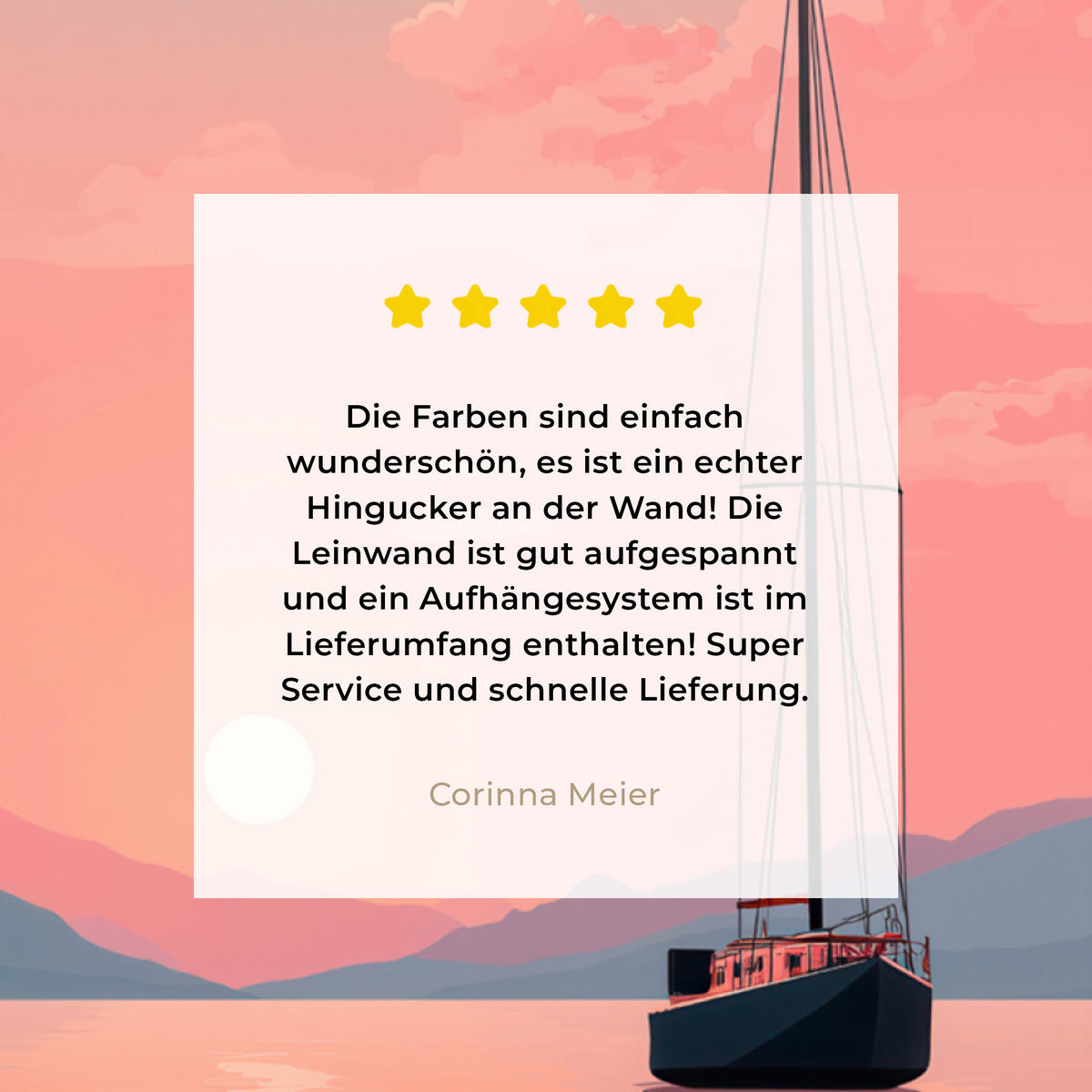 LEINWANDBILD Segelboot - Rosa Meer - Sonnenuntergang - Berge Wandbild Wohnzimmer 50x50 cm - Rosa, Textil (50/50cm) - MuchoWow