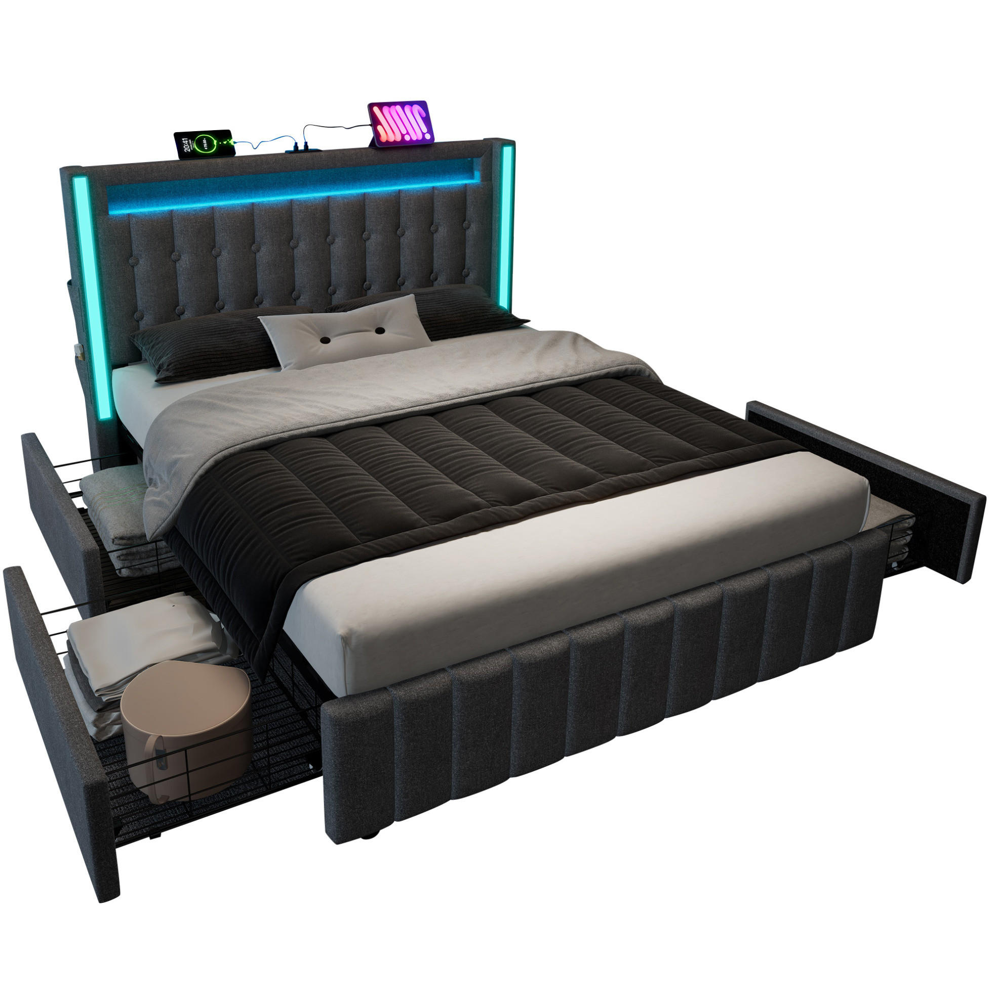 Modfu ČALOUNĚNÁ postel z lněné tkaniny 160x200 cm šedá s LED, USB-C a 4 zásuvkami