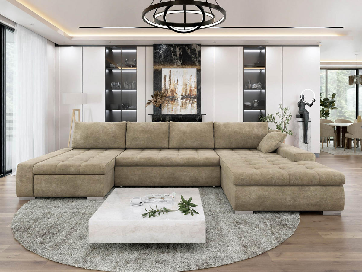 WOHNLANDSCHAFT Caro - Sandfarben/Silberfarben, Holz/Textil (394/80/213cm) - MIRJAN24