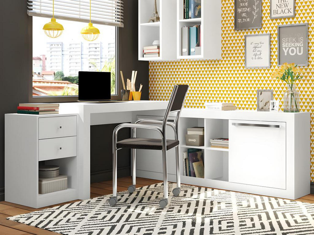 ECKSCHREIBTISCH mit 2 Schubladen & 2 Türen - Weiß - EVAN - Weiß, Holz (159.9/175.5/75.3cm) - Vente-Unique