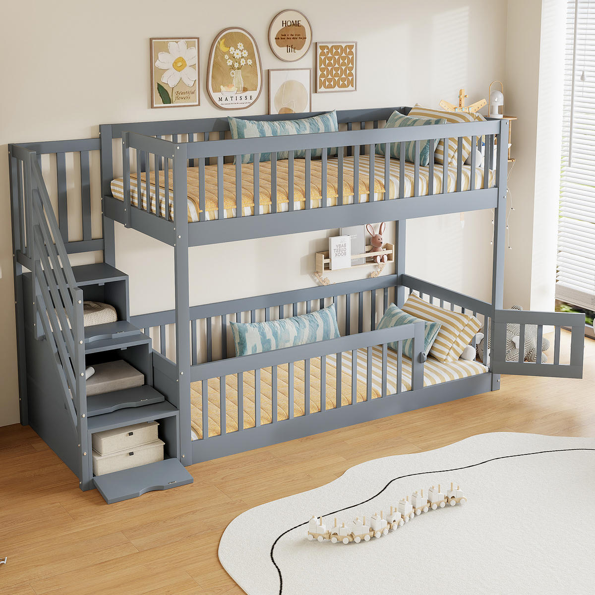 ETAGENBETT 90/200 cm & 90/200 cm in Grau Kinderbett mit Stauraumtreppe, Schubladen und Tür Massivholz-Design - Grau, Holz (90/200cm) - STILVORA