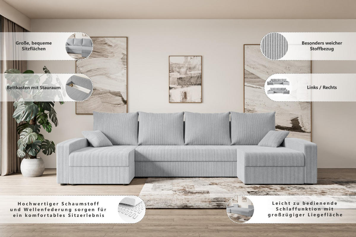 WOHNLANDSCHAFT mit Schlaffunktion und Bettkasten ALESIA-U 301x140x90 cm Grau Bouclé - Silberfarben/Grau, Holzwerkstoff/Kunststoff (301/90/140cm) - ALTDECOR