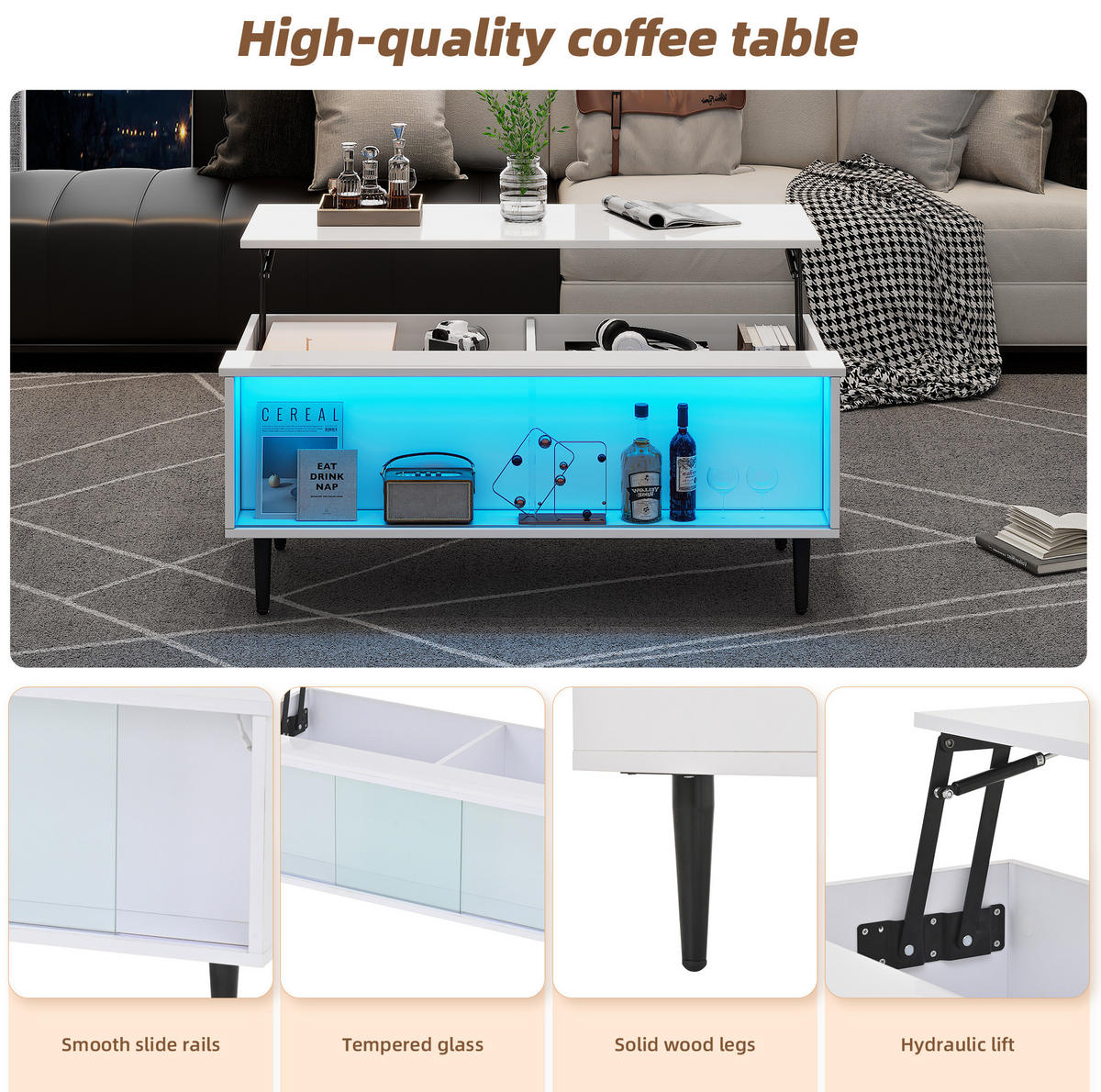 COUCHTISCH aus Spanplatte 105x50x43 cm in Weiß mit LED-Beleuchtung - Weiß, Holzwerkstoff (105/50/43cm) - Modfu