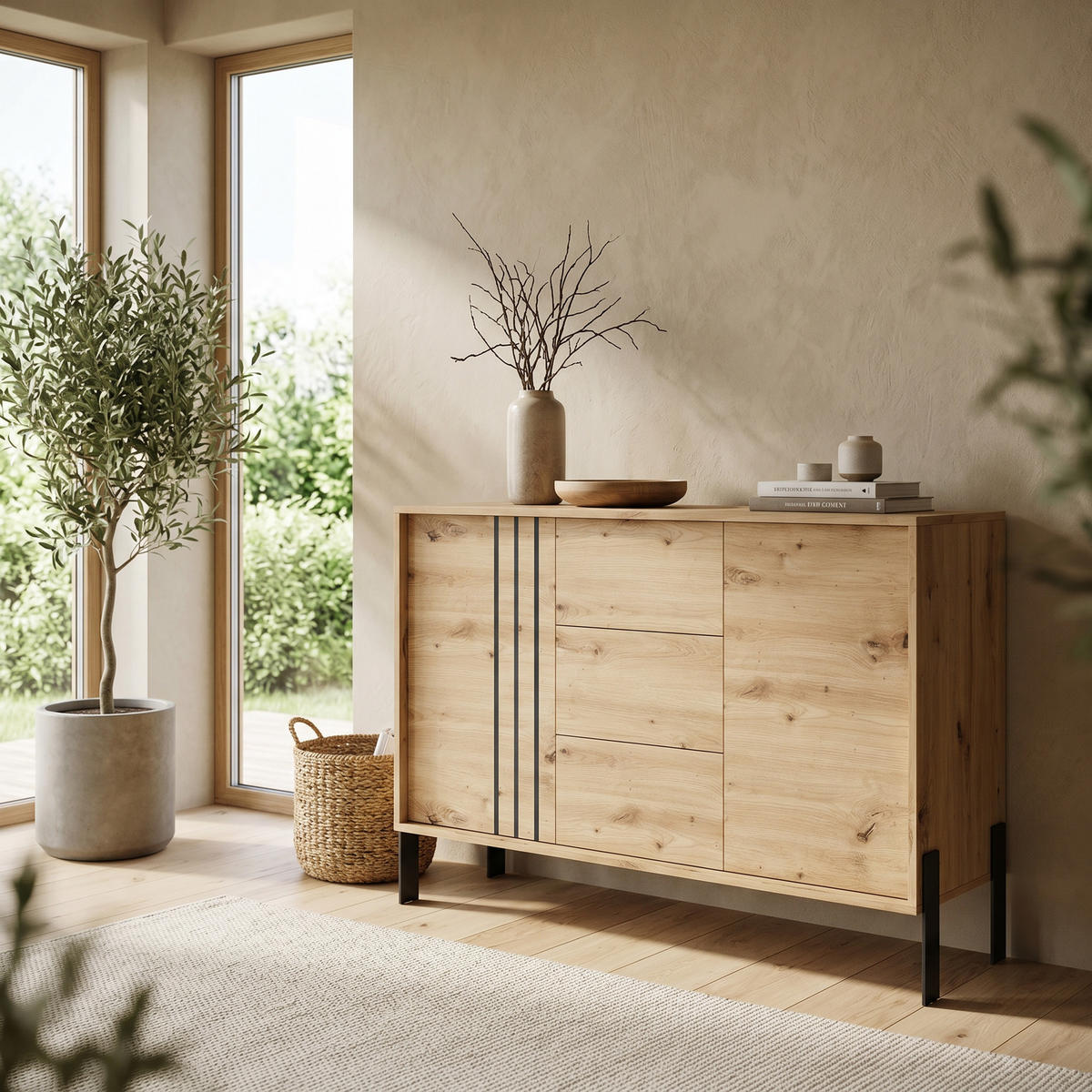 KOMMODE VALOZA 120/87/40cm mit 3 Schubladen 2 Türen Eiche Artisan - Eiche Artisan, Holzwerkstoff (120/87/40cm) - MASSENO