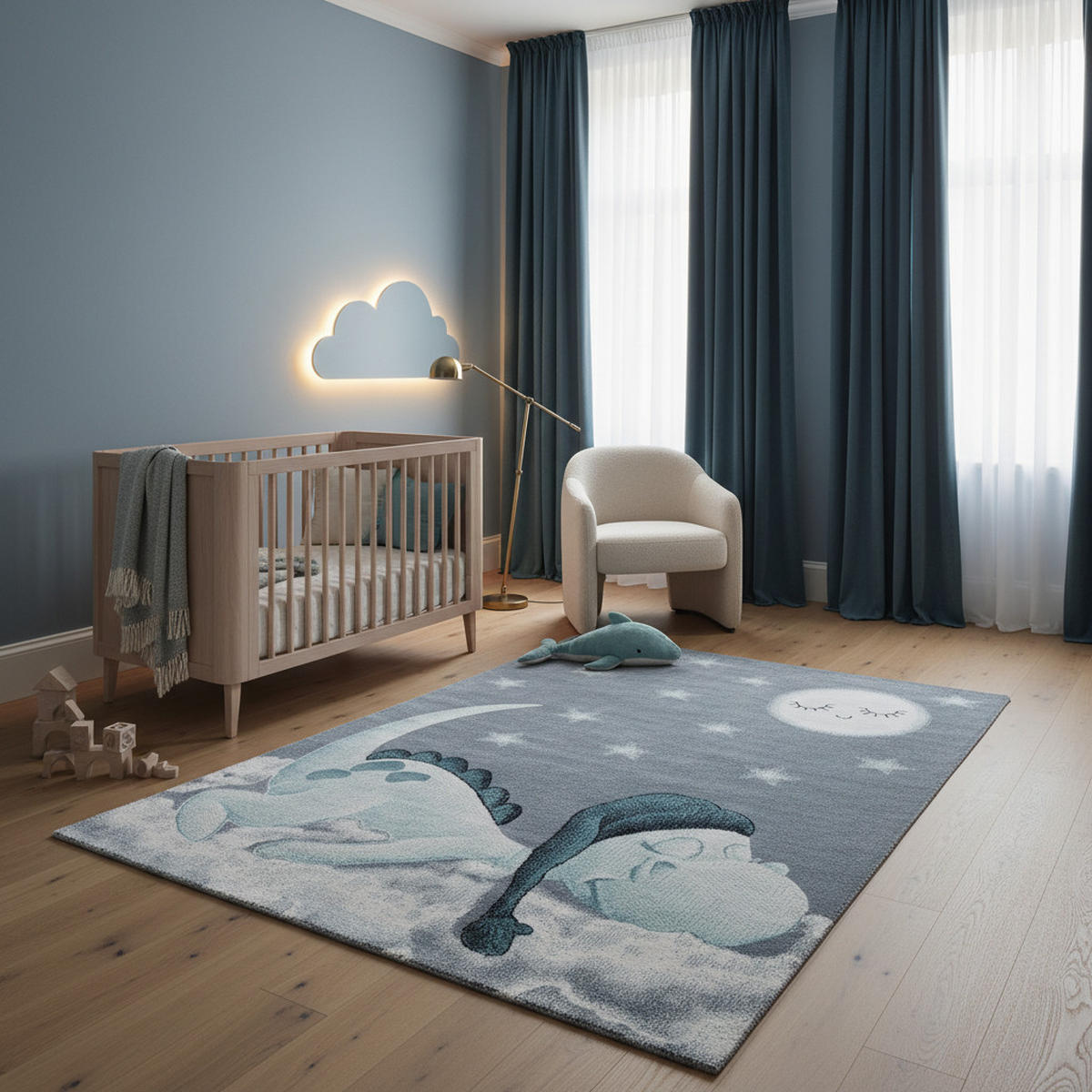 KINDERTEPPICH Dino Pflegeleicht Waschbar Kinderzimmer OEKO-TEX Blau 160x230 cm Gekettelt Flur – NOLA - Blau, Textil (160/230cm) - KADIMA DESIGN