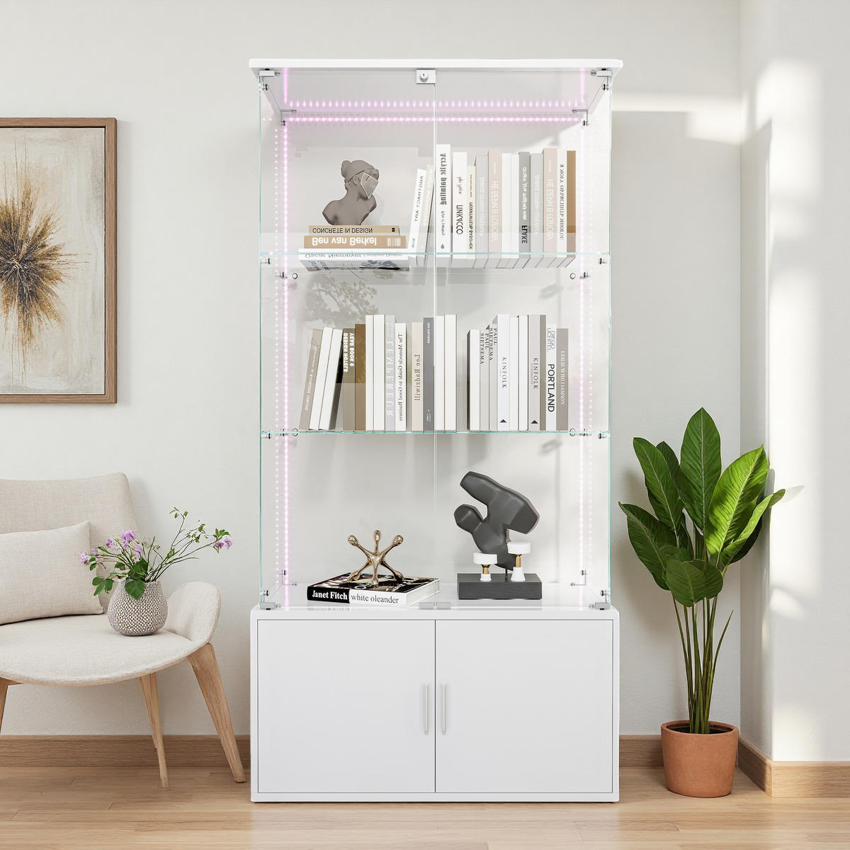 STANDVITRINE 78.5x164cm mit LED-Leisten, ESG-Glas, Weiß, abschließbar - Weiß, Glas (35/164/78.51cm) - SHOPENTRA