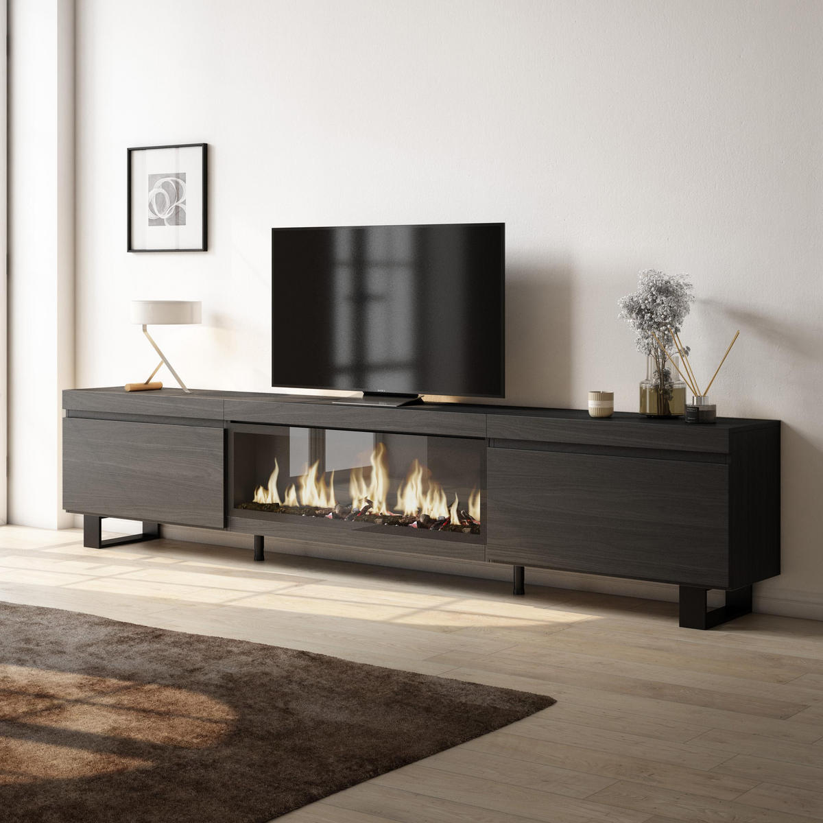 TV-SCHRANK Lowboard, Elektrokamin XXL, schwarz, 267/35/57cm - Schwarz, Holzwerkstoff (267/57/35cm) - Skraut Home