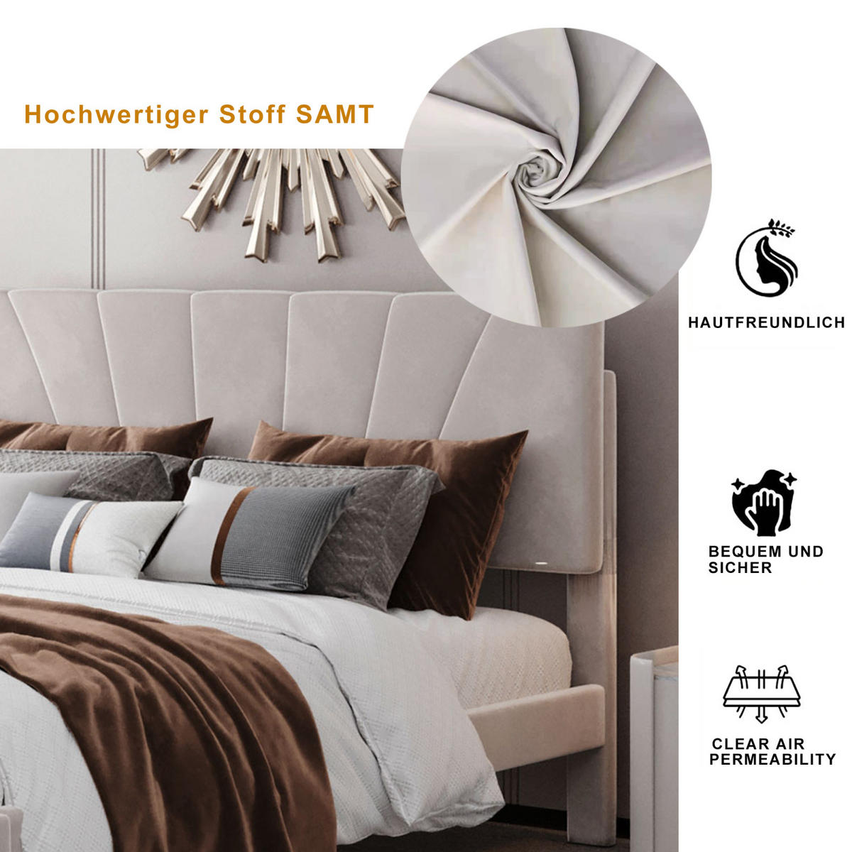 POLSTERBETT 140x200 cm, Beige, großer Schublade, Samt - Beige, Textil/Metall (140/200cm)