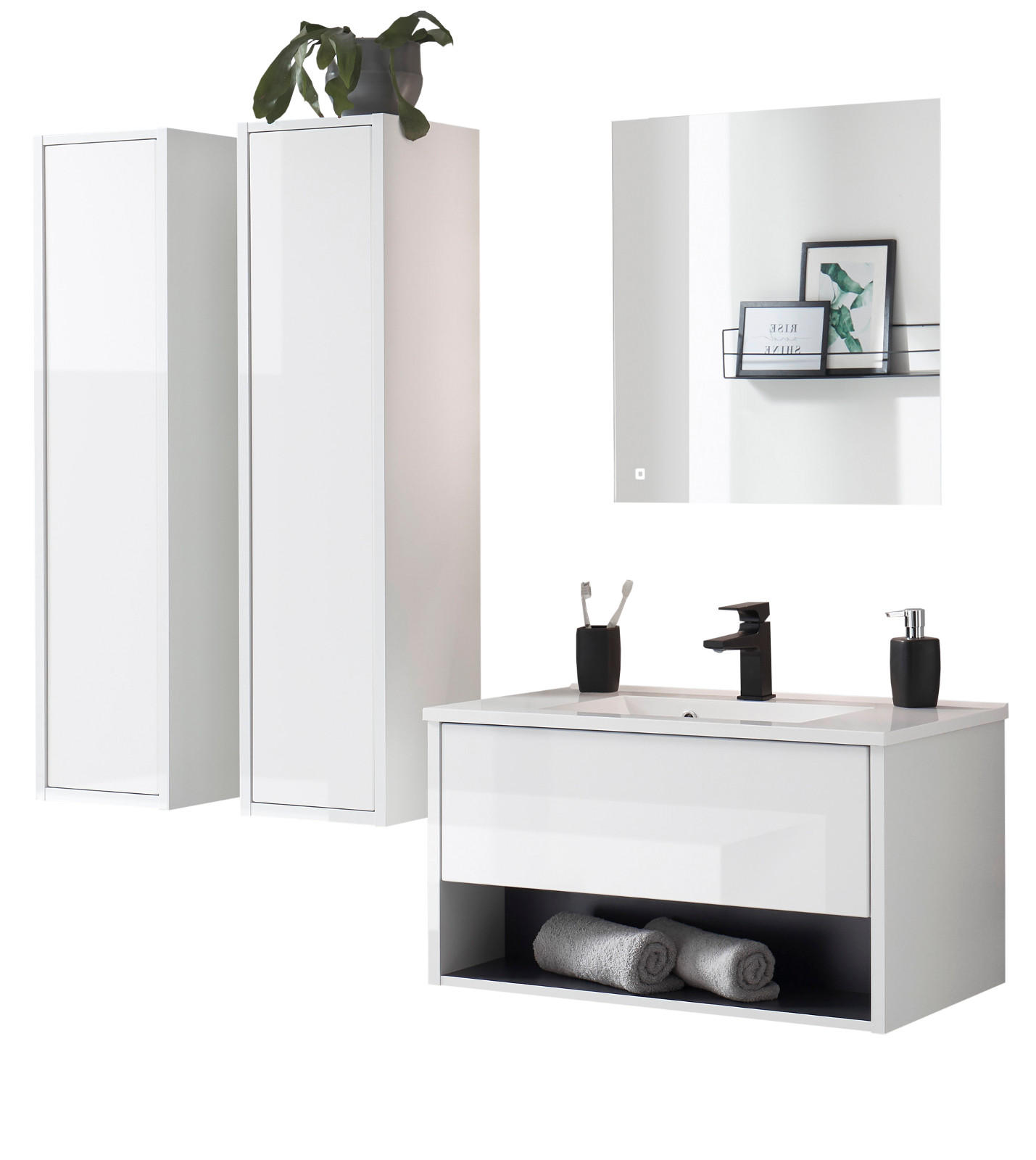 BADMÖBEL Set in weiß Hochglanz und grau mit Waschbecken und LED Beleuchtung 160 x 190 cm Glide - Weiß Hochglanz/Grau, Glas/Holzwerkstoff (160/190/47cm) - Furn.Design