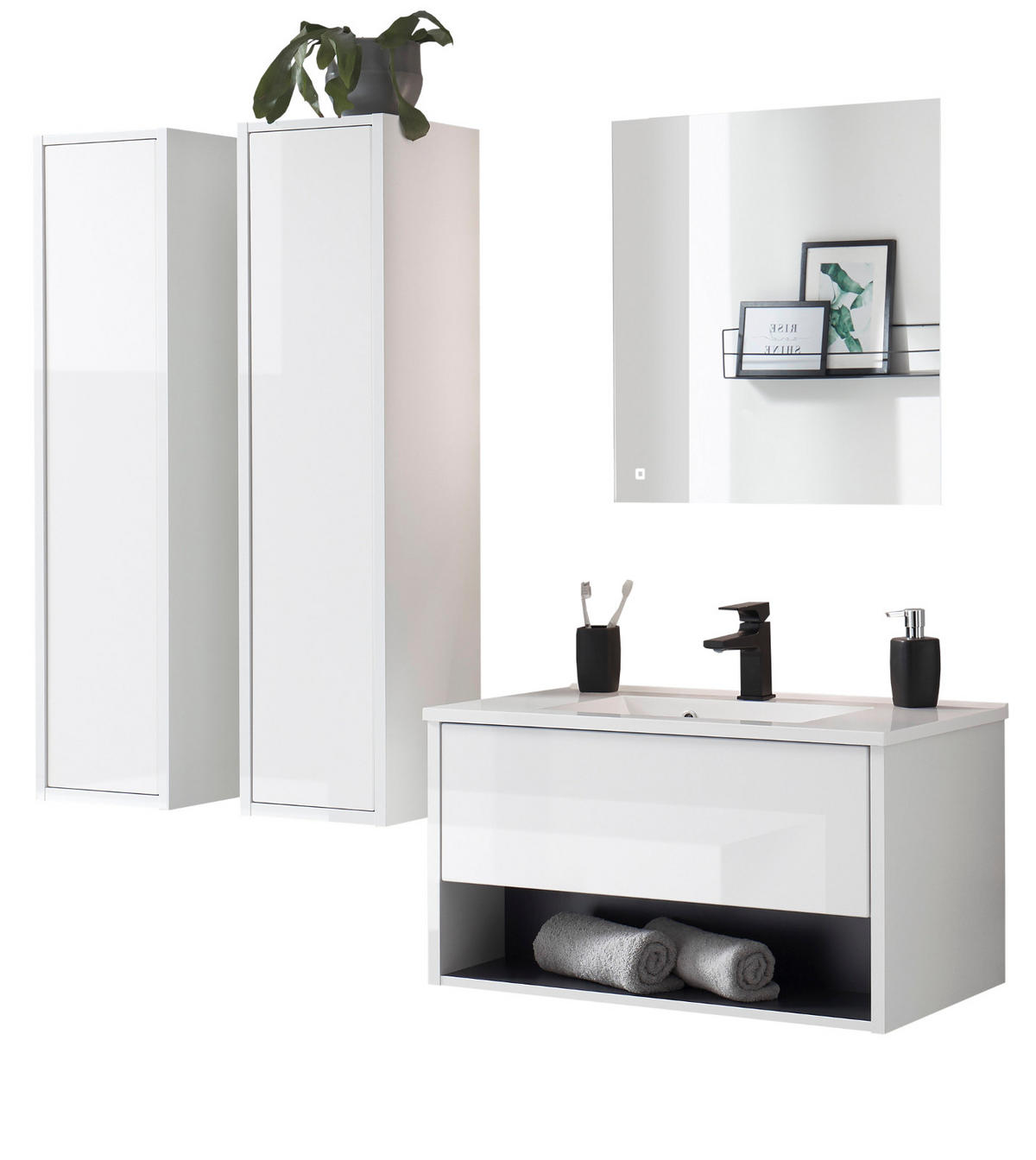 BADMÖBEL Set in weiß Hochglanz und grau mit Waschbecken und LED Beleuchtung 160 x 190 cm Glide - Weiß Hochglanz/Grau, Glas/Holzwerkstoff (160/190/47cm) - Furn.Design