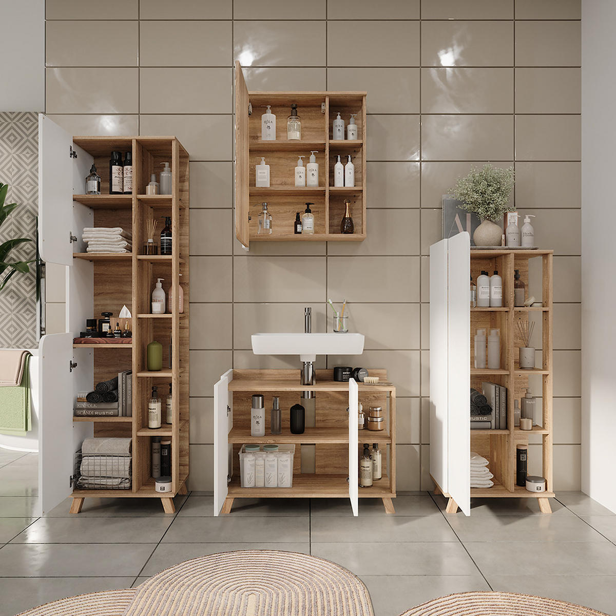 BADMÖBEL-SET Karen Sonoma/Weiß 4 Teile - Weiß/Sonoma Eiche, Holzwerkstoff (80/65/35cm) - Vicco