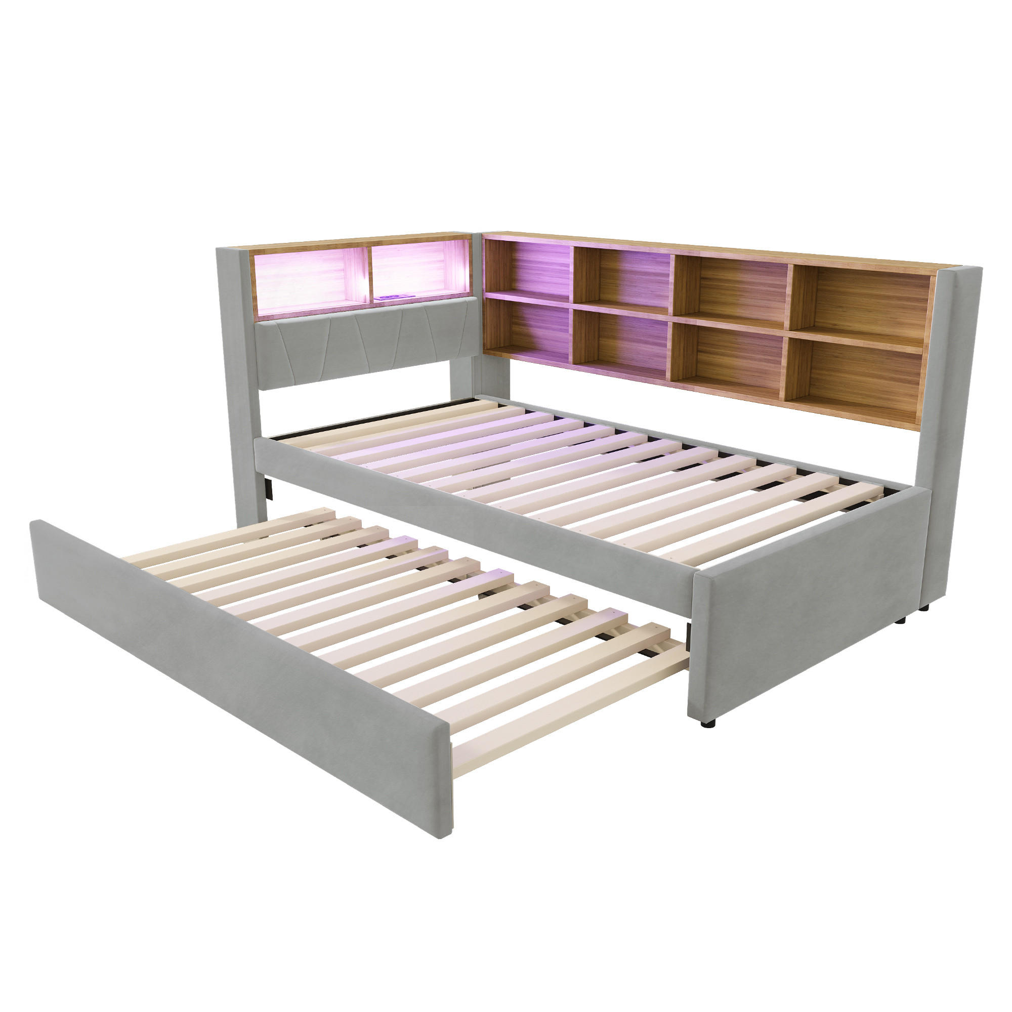 AUSZIEHBETT 90/200 cm DE-02095, in Hellgrau, mit LED, Steckdosen und Staufächern - Hellgrau, Metall (90/200cm) - ComfortXL