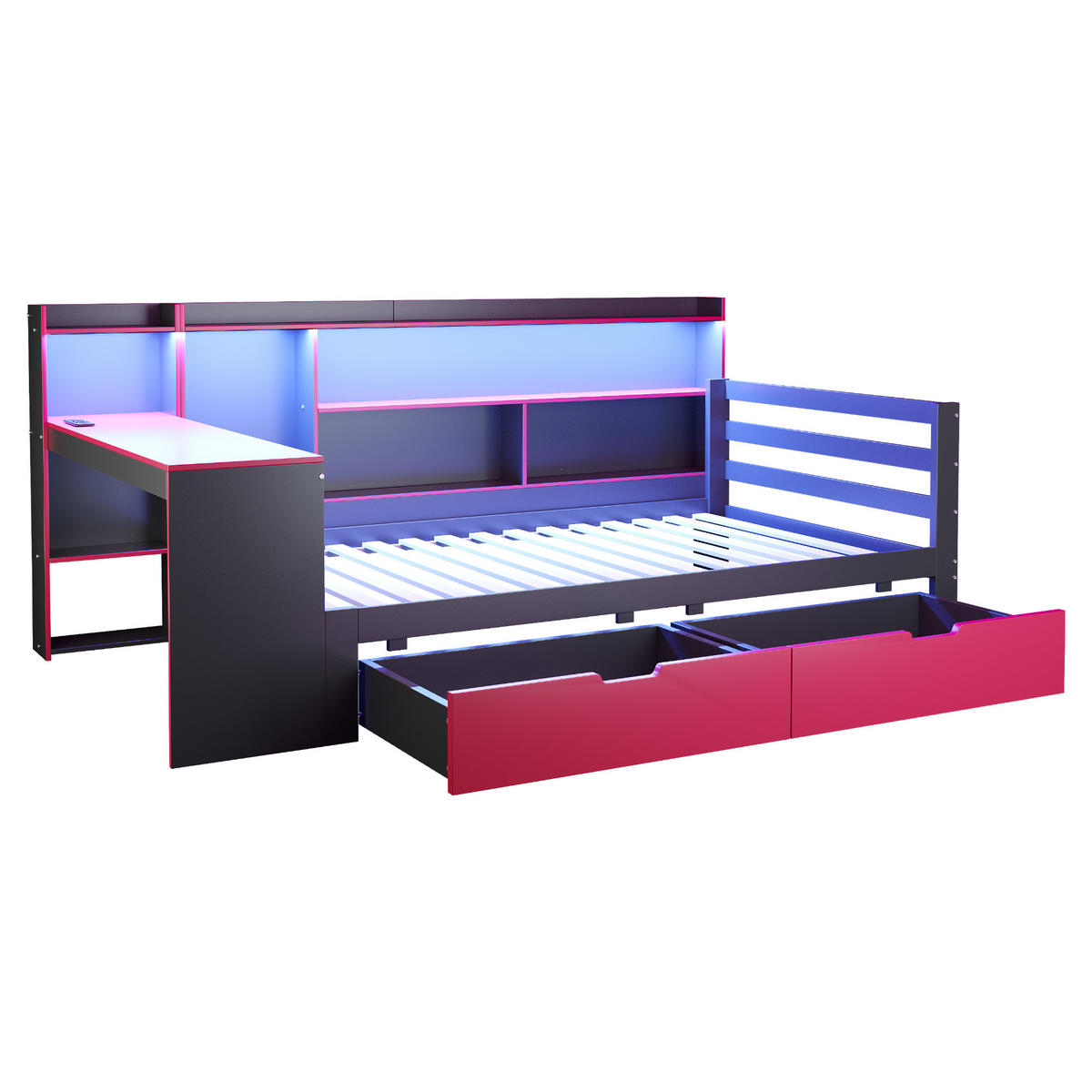 HOLZBETT 90x200cm Schlafsofa Schreibtisch LED Stauraum Schwarz - Rot, Holz (90/200cm) - FLIEKS