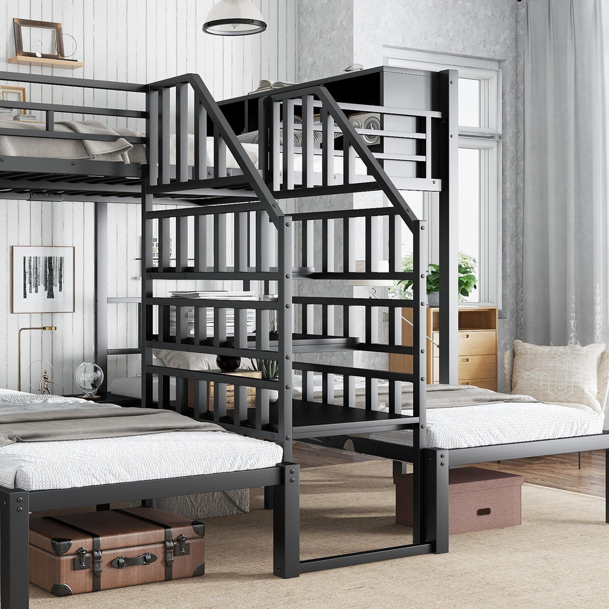 ETAGENBETT 90/200 cm & 140/200 cm in Schwarz mit Stauraum und Treppe - Schwarz, Metall (140/200cm) - CHICFURN