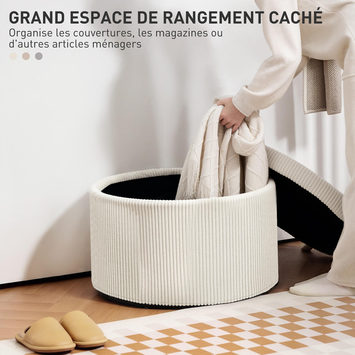 POUF DE-16406 mit Stauraum und Rippenvelours Beige - Beige, Textil (60/41/60cm) - ComfortXL