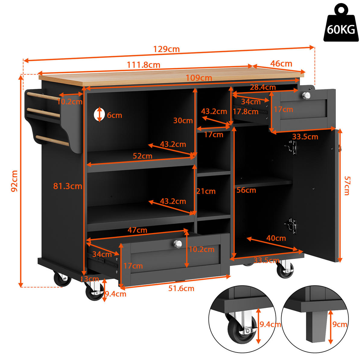 MOBILER Küchenschrank 129x46x96cm Schwarz mit Holzmaserung,Schubladen,Türen - Schwarz, Holzwerkstoff (139/92/46cm) - Modfu
