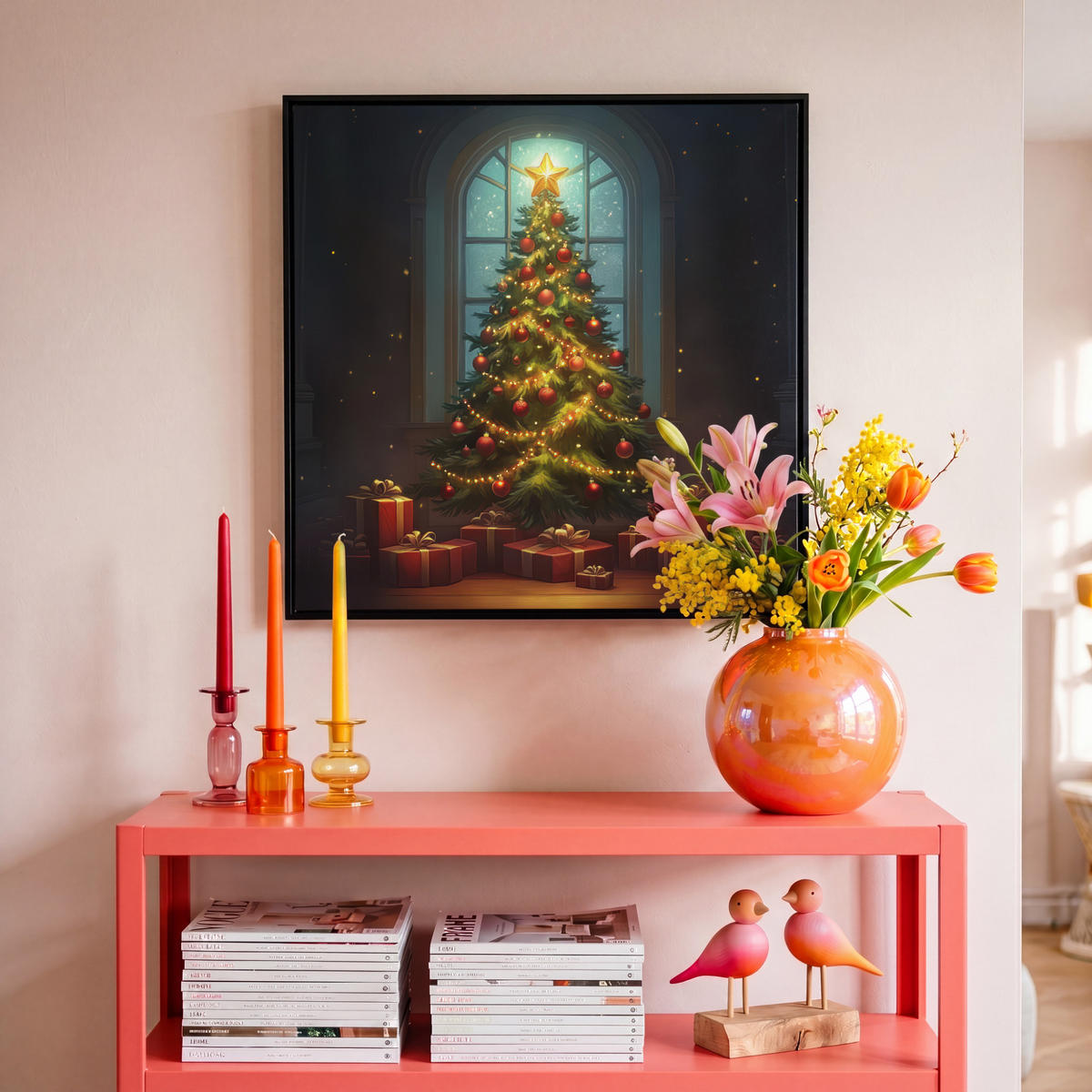 LEINWAND Bilder mit Rahmen - Weihnachtsbaum - Geschenk - Winter - 50x50 - Grün, Textil (50/50cm) - MuchoWow