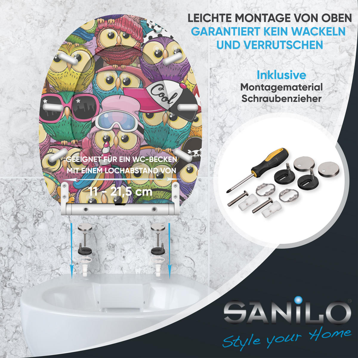 WC-SITZ mit Absenkautomatik & Top Fix Owl - Multicolor, Holzwerkstoff (37.7/5.5/48cm) - Sanilo