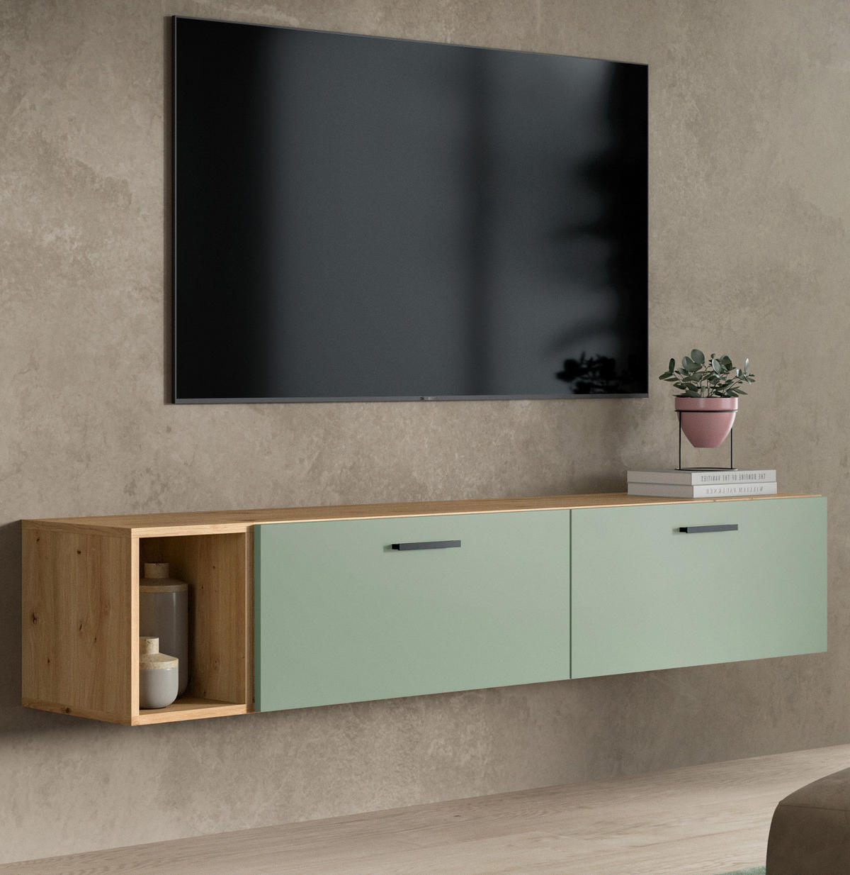 TV-LOWBOARD Grün, Eiche Artisan 176 cm, TV Unterteil hängend / stehend - Schwarz/Eiche Artisan, Holzwerkstoff/Kunststoff (176/32/34cm) - Inn.Furn