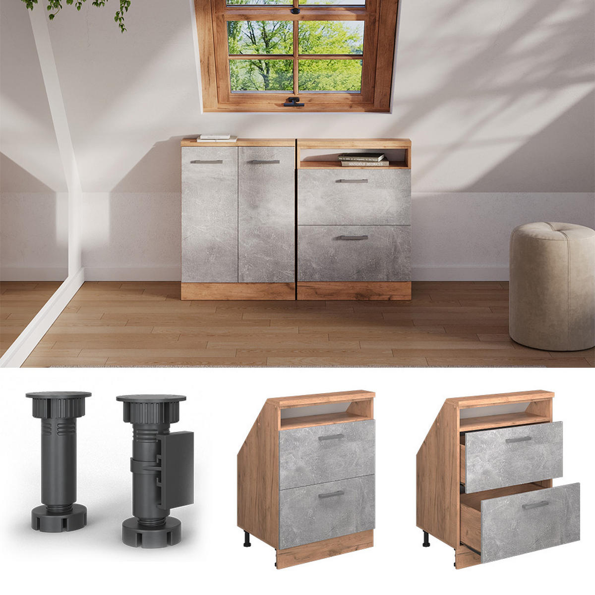 ŠIKMÁ SKŘÍŇ Rion Beton/zlatý dub - šedá/medově dubová, kompozitní dřevo (60/81.6/46cm) - Vicco