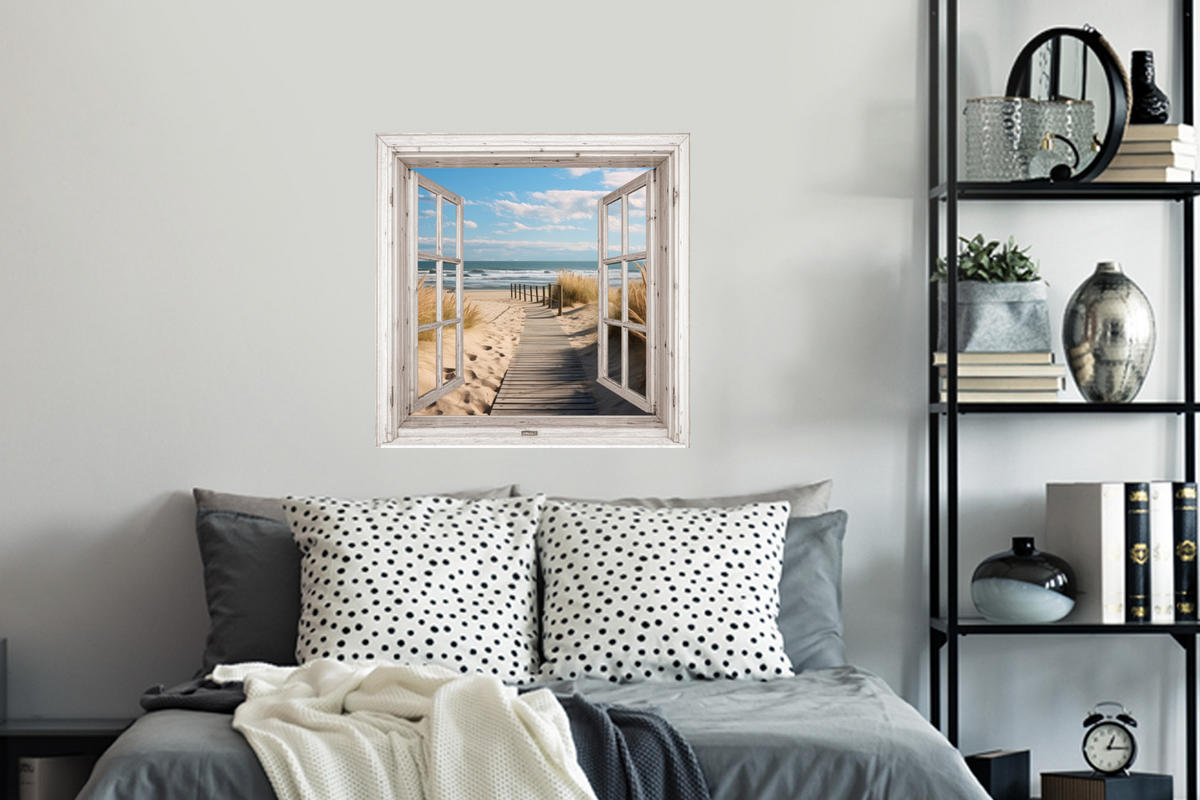 WANDTATTOO Fenster - Meer - Küste - Natur - Ausblick - Strand - Wattenmeer 50x50 cm - Beige, Kunststoff (50/50/0.1cm) - MuchoWow