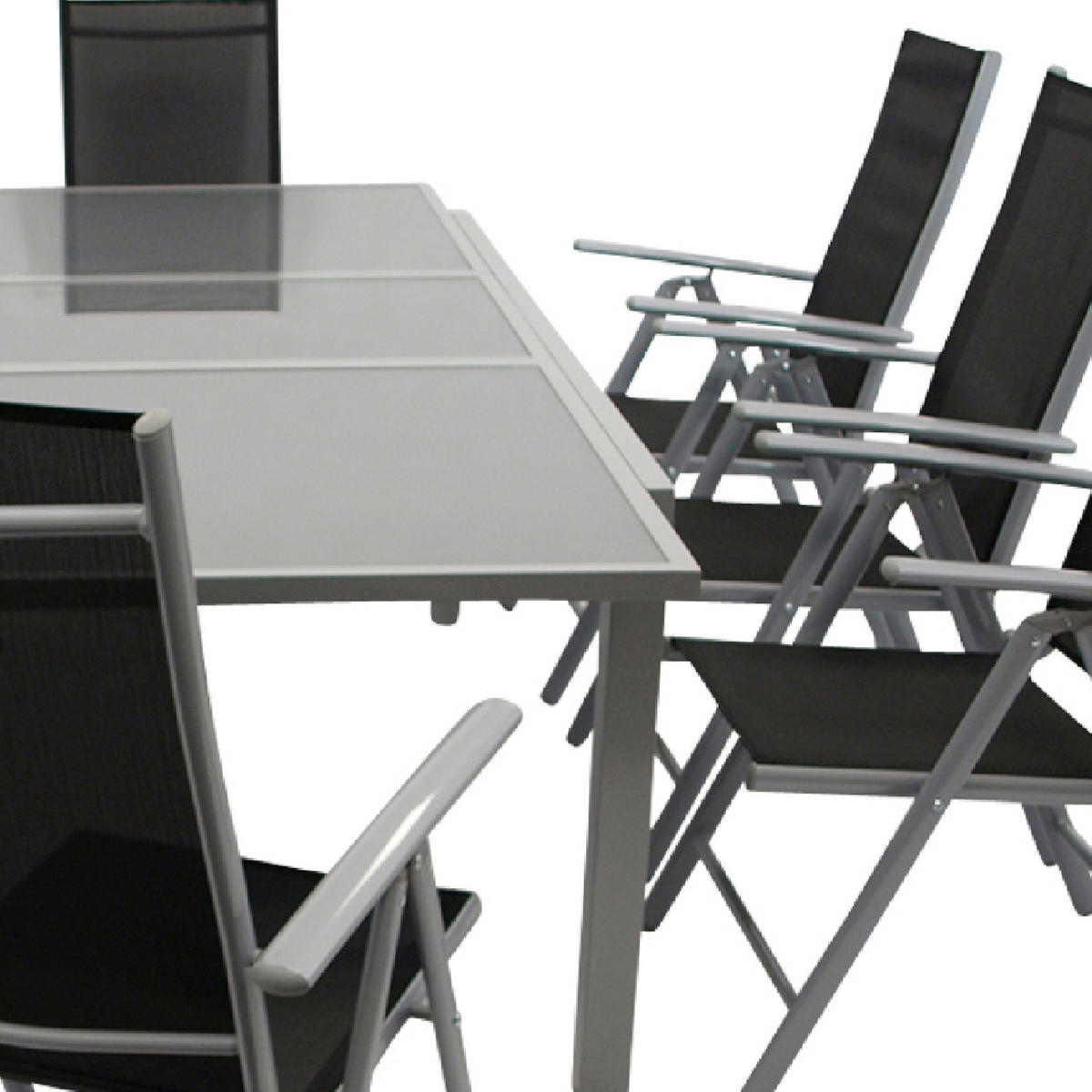 GARTEN-GARNITUR Ashford - 9-teilige Garten-Essgruppe (8x Klappsessel mit Aluminiumgestell grau, Bespannung Textilene schwarz - Schwarz, Metall - TPFGarden