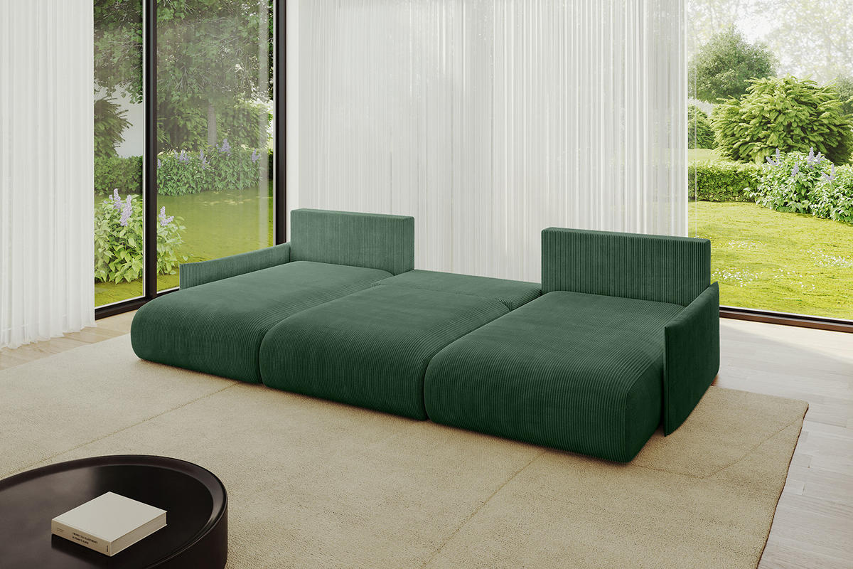 WOHNLANDSCHAFT mit Schlaffunktion und Bettkasten ONESK-U-v1 304x165x40 Grün Cord - Grün, Holzwerkstoff/Kunststoff (304/90/165cm) - ALTDECOR