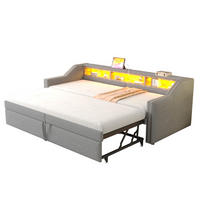 POLSTERBETT aus Leinen 90/180x200 cm Hellgrau mit Ausziehbett, LED, USB-Anschluss und Ablagefächern - Hellgrau, Textil (90/200cm) - Modfu