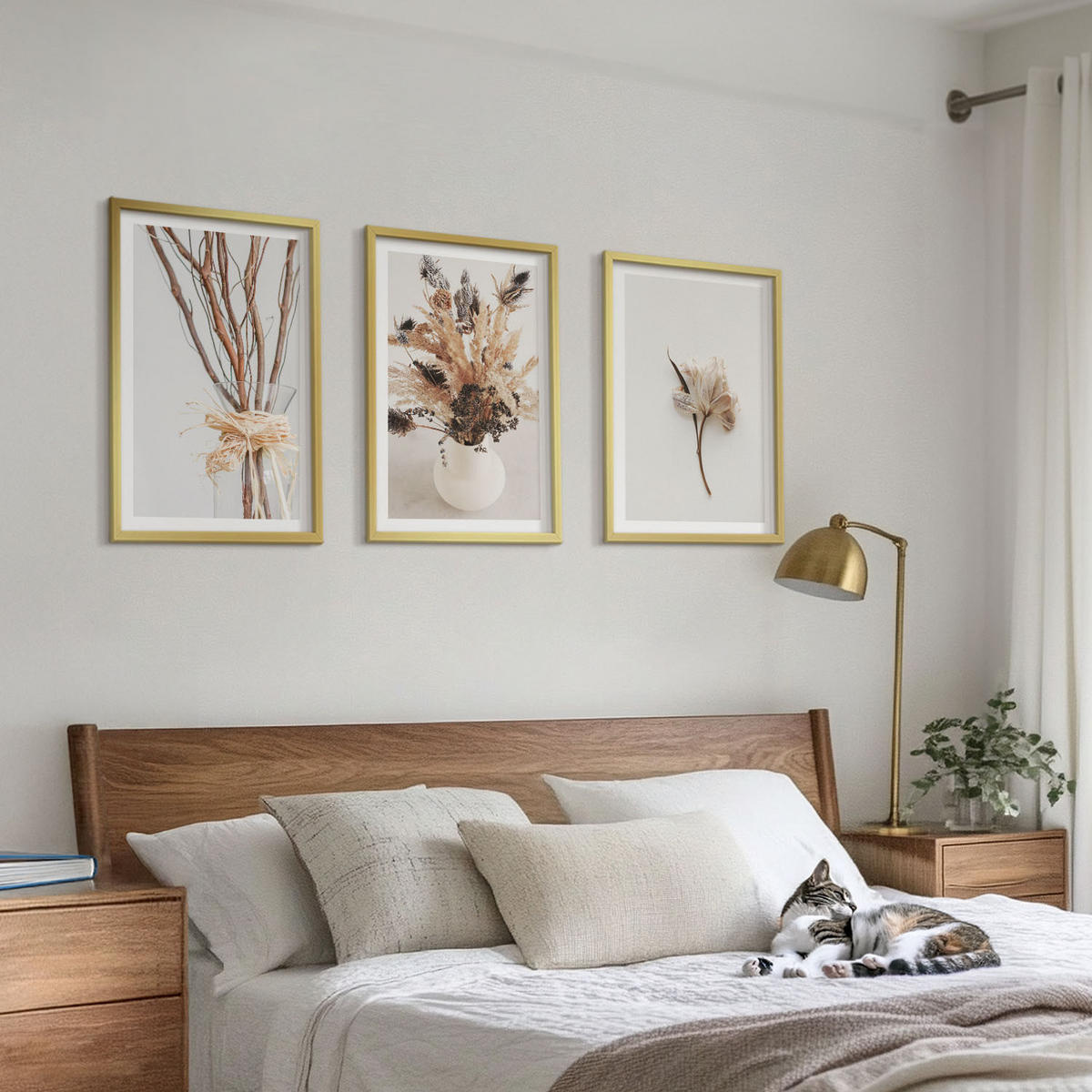 WANDBILDER 3er Set - 40x60 cm Goldrahmen - Blumenzweige minimalistisch - Goldfarben, Kunststoff (40/60cm) - ArtPrintCave