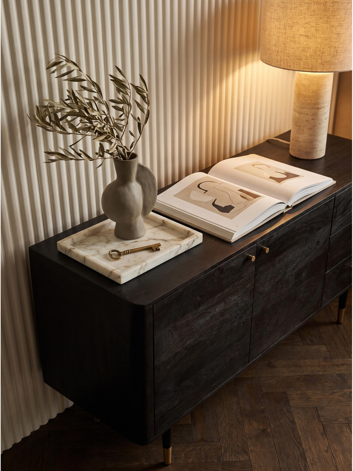 KOMMODE PANAREA, Akazie Massivholz, mit Stauraum, Schwarz, 160 x 42 x 81 cm - Schwarz, Holz/Metall (160/81/42cm) - KADIMA DESIGN