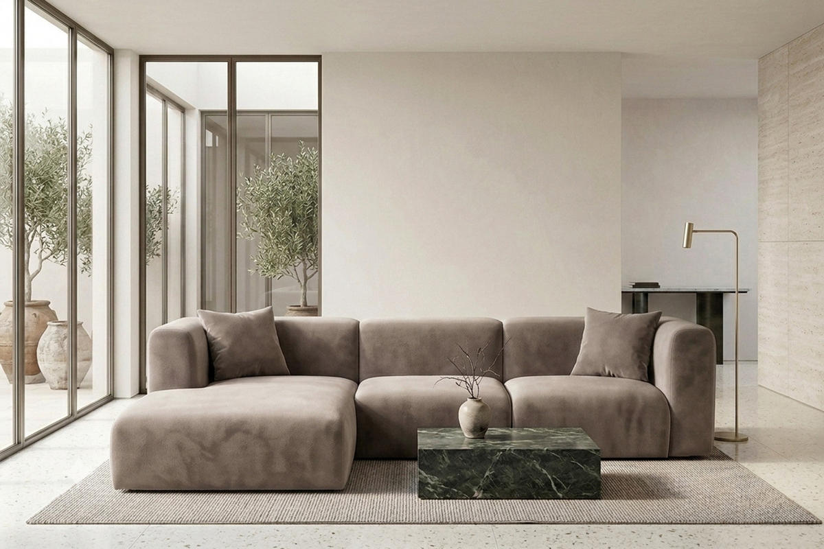 ECKSOFA L-Form, Velvet-Stoff Bluvel, Latte, Links, GRETA - Hellbraun, Holz (318/179cm) - Kaiser Möbel