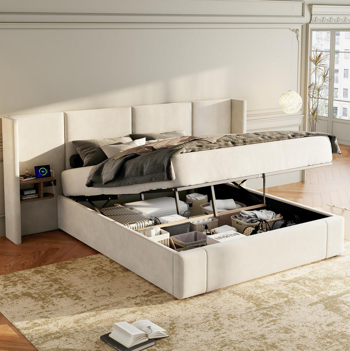TAPECIRANI krevet 160/200 cm bež od baršuna s hidrauličnim spremištem i 2 noćna ormarića - bež, tekstil (160/200cm) - OKWISH