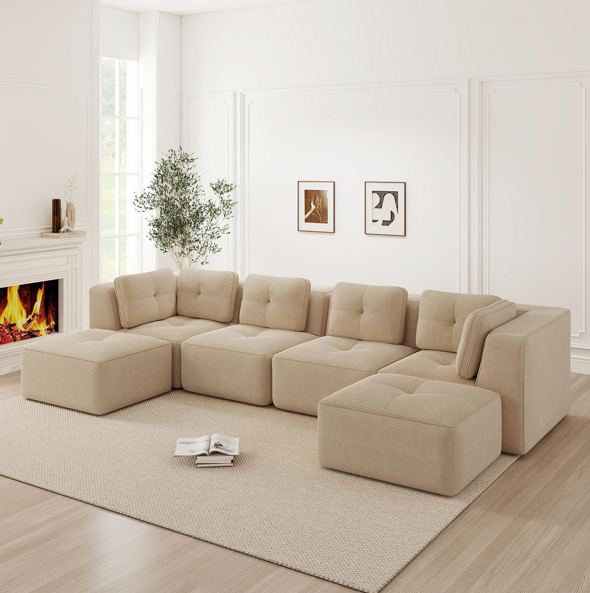 ECKSOFA 386/177/69 cm Beige aus Cord mit modularem Design und rutschfestem Standfuß - Beige, Textil (177/386cm) - OKWISH