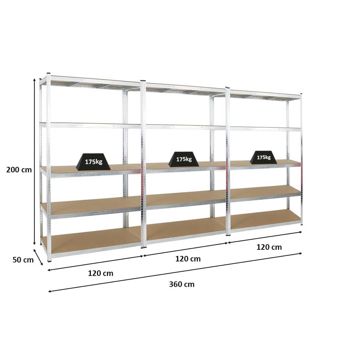 SCHWERLASTREGAL Giant Ragnar 3er-Set mit 3x 200x120x50 cm Fachlast 175 kg Verzinkt - Silberfarben, Metall (360/200/50cm) - PROREGAL