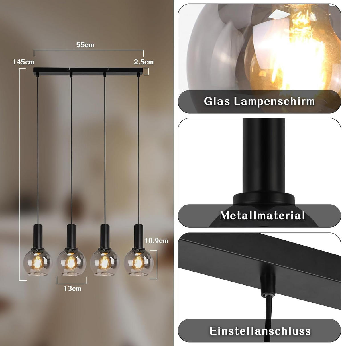 HÄNGELEUCHTE Krenq 55/13/145 cm - Schwarz, Glas/Metall (55/13/145cm) - ZMH