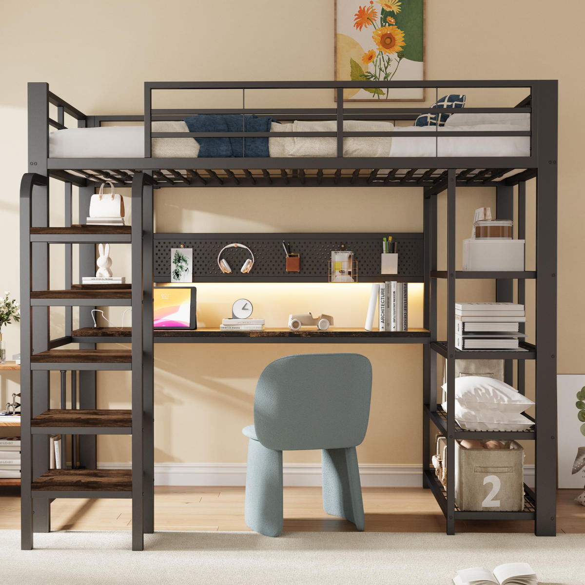HOCHBETT 90/200 cm in Schwarz mit LED, Steckdosen und Ablage aus Metall & Holz - Schwarz, Holzwerkstoff/Metall (90/200cm) - CHICFURN