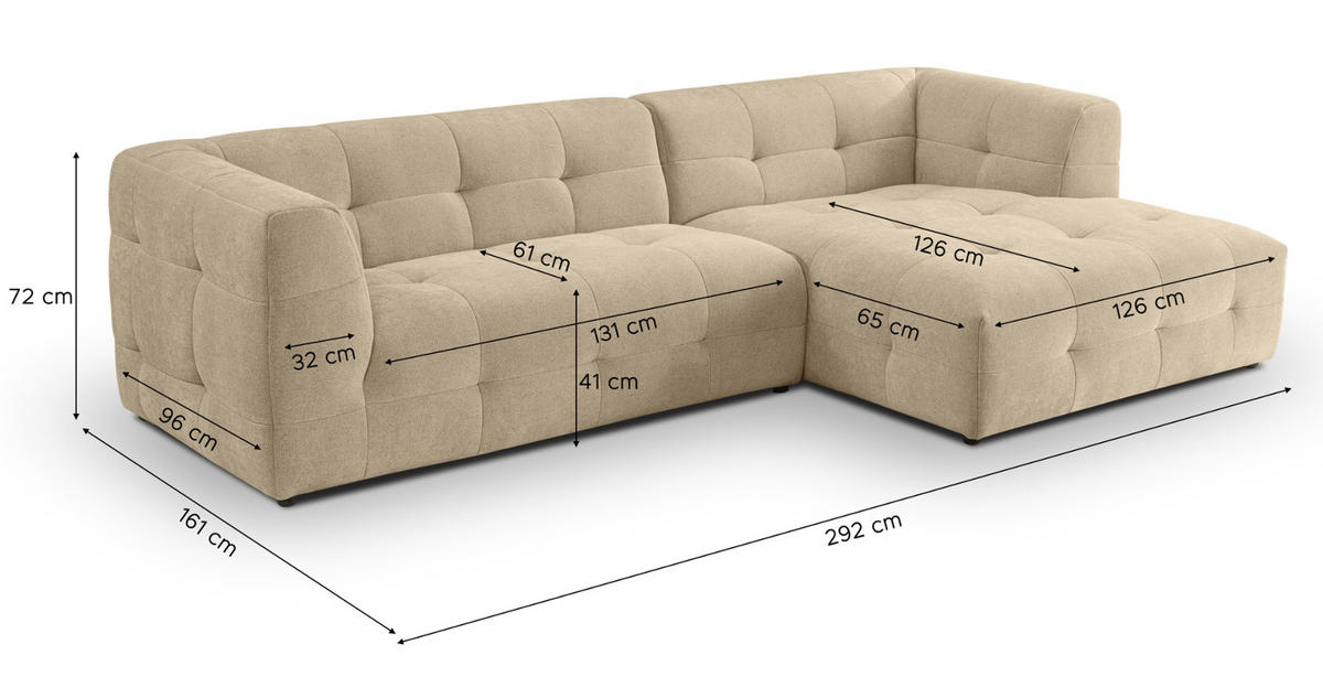 SOFA beige Webstoff 292 x 161 cm, Ecksofa 5-Sitzer, L-Sofa Ottomane rechts - Beige, Holz/Textil (292/161cm) - Inn.Furn