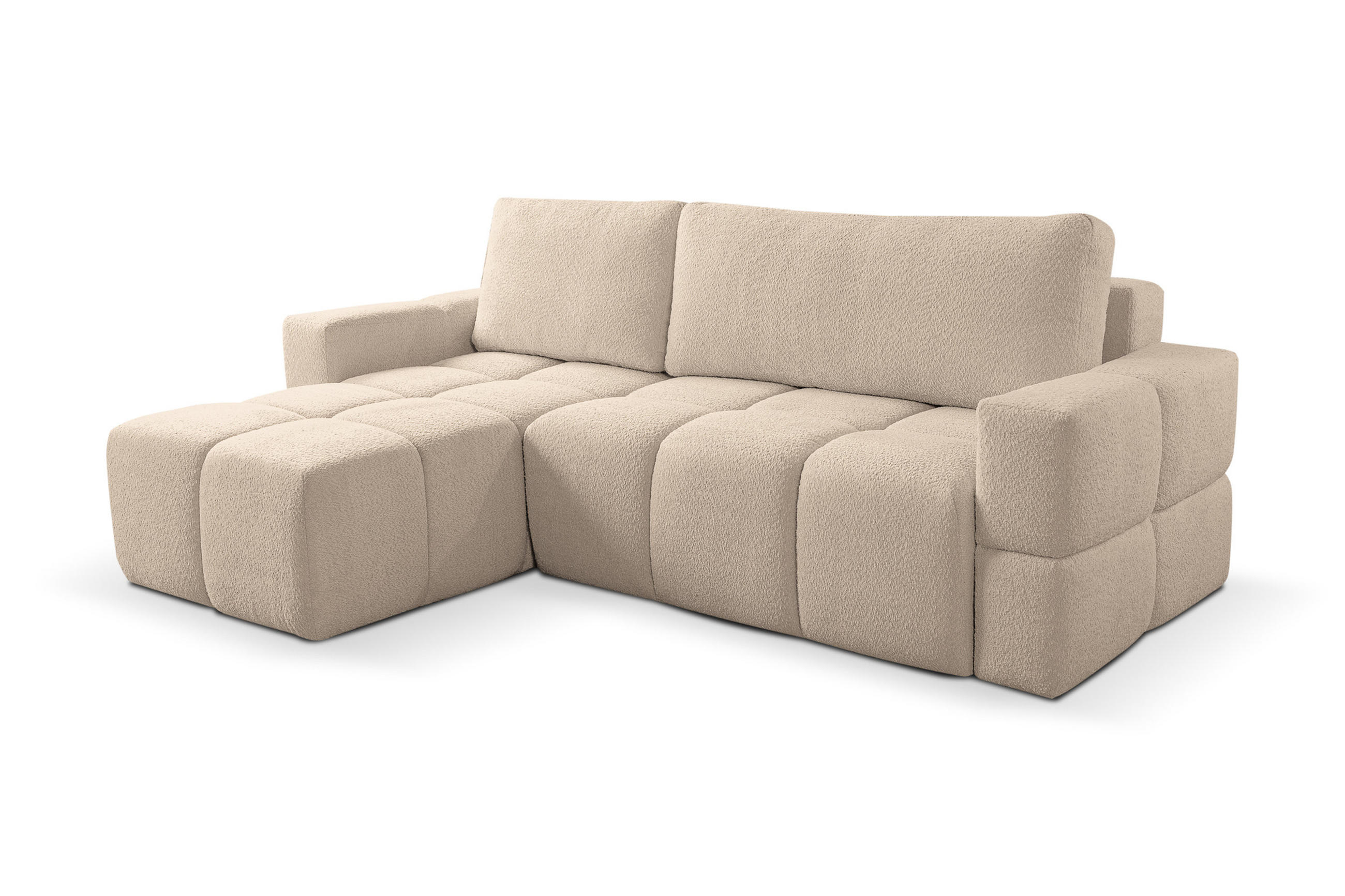 ECKSOFA LUSSO mit Schlaffunktion und Bettkasten, Farbe: Hellbraun, Bouclé-Stoff, Ottomane Universal - Hellbraun, Textil (255/165cm)