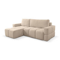ECKSOFA LUSSO mit Schlaffunktion und Bettkasten, Farbe: Hellbraun, Bouclé-Stoff, Ottomane Universal - Hellbraun, Textil (255/165cm)
