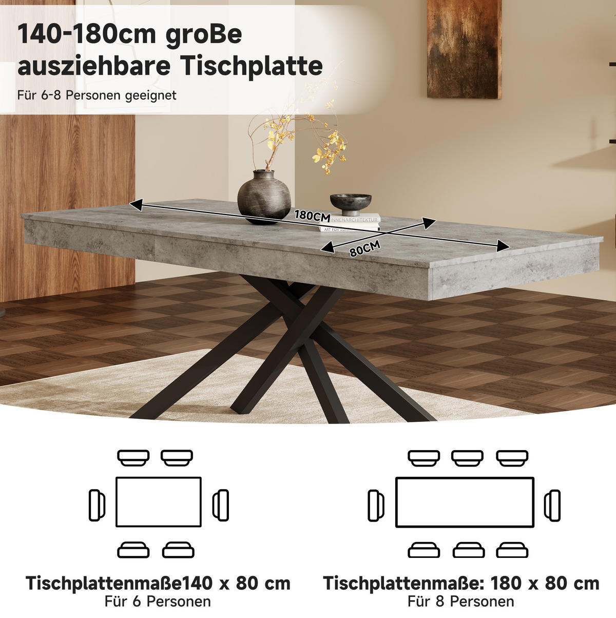 JEDILNA miza 140–180/80 cm, raztegljiva z odebeljeno ploščo in križnim podnožjem, Siva - siva, leseni material (180/80/76cm) - Redom