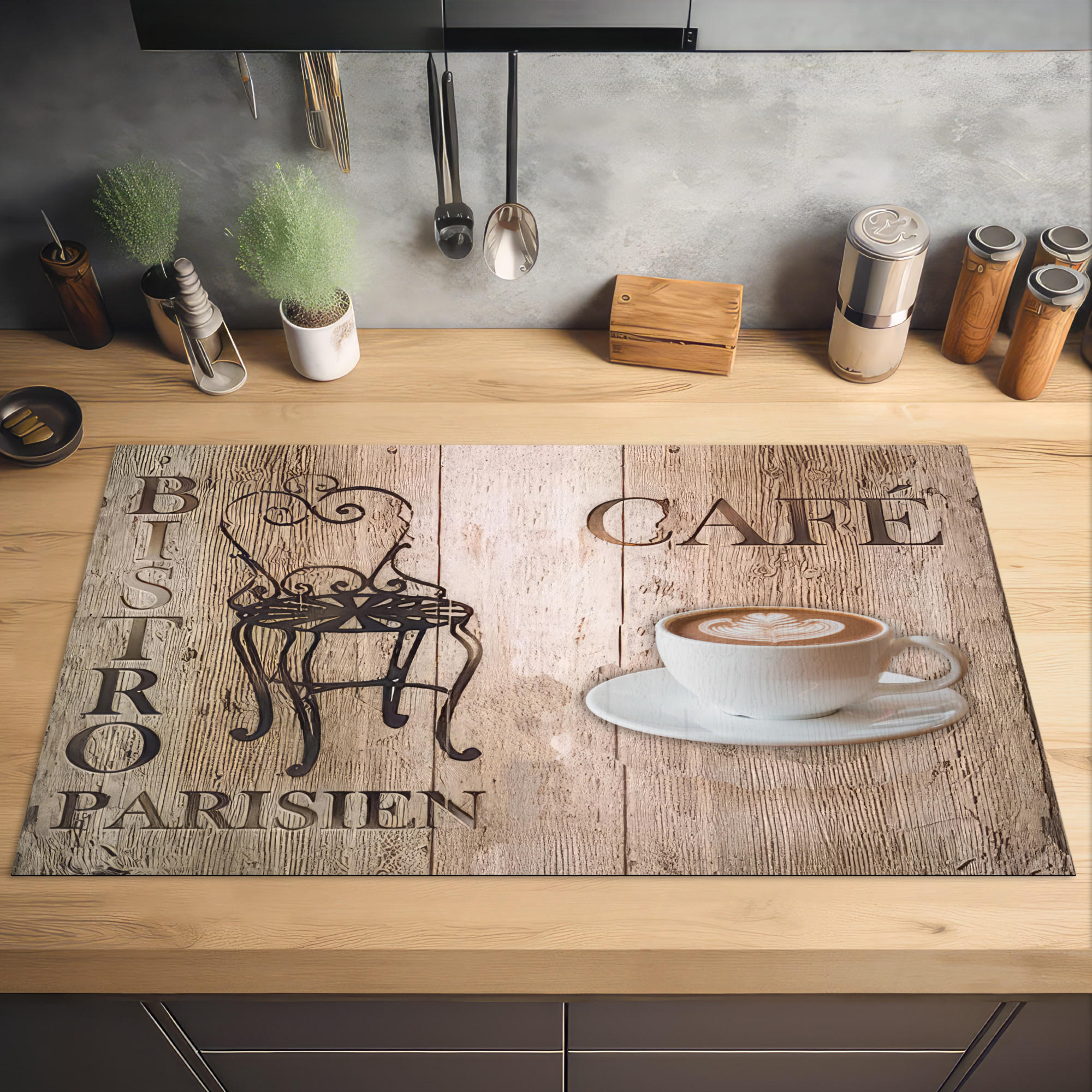 HERDABDECKPLATTE Bistro Parisien - Café - Kaffee - Jahrgang 91x52 cm - Cappuccino, Kunststoff (91.6/0.2/52.7cm) - MuchoWow