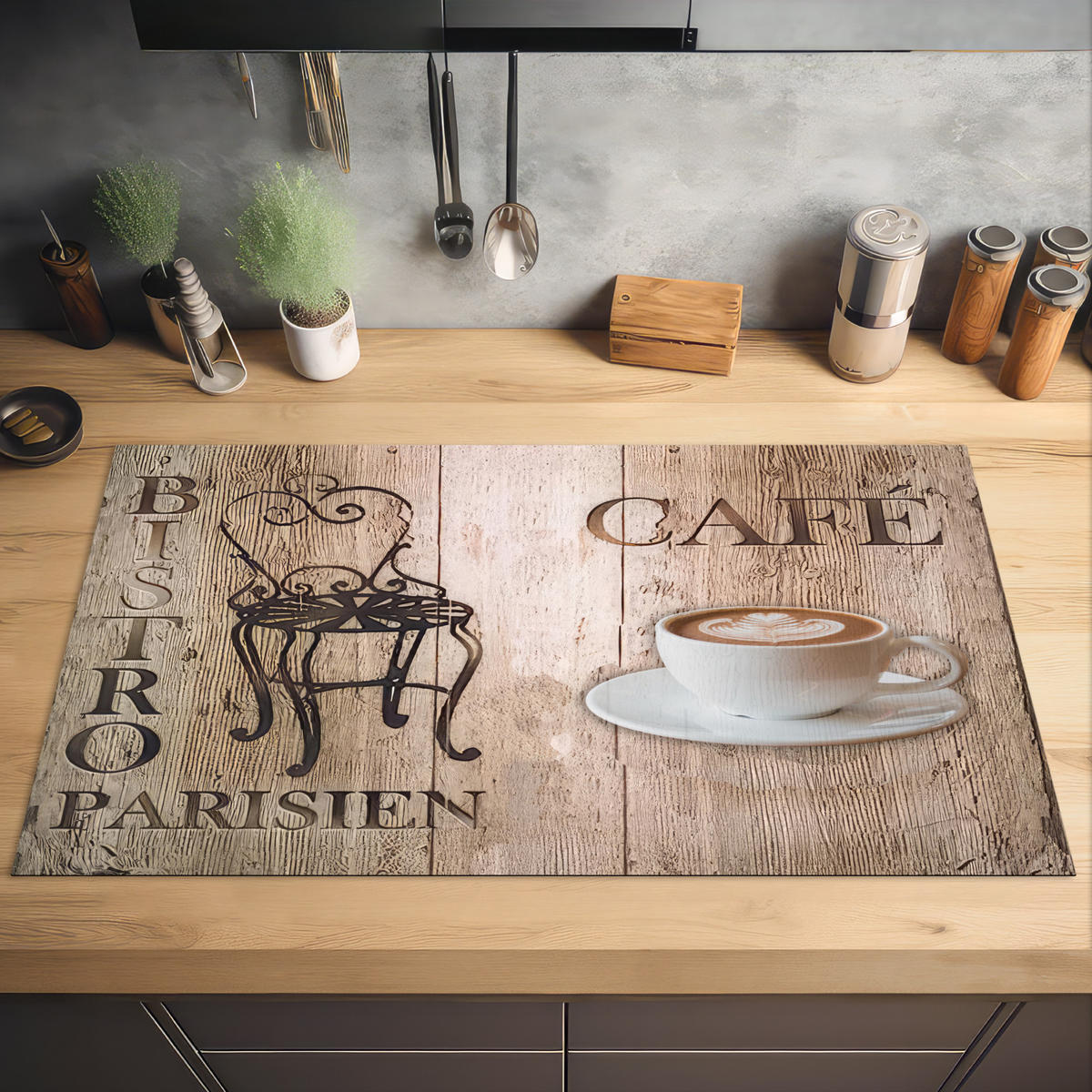 HERDABDECKPLATTE Bistro Parisien - Café - Kaffee - Jahrgang 91x52 cm - Cappuccino, Kunststoff (91.6/0.2/52.7cm) - MuchoWow
