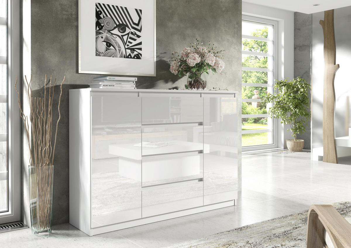 KOMMODE NUDO 138,5/101,5/39cm mit 4 Schubladen 2 Türen Weiß - Weiß Hochglanz/Weiß, Holzwerkstoff (138.5/101.5/39cm) - MASSENO
