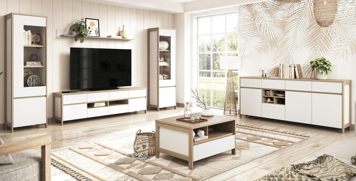 TV-LOWBOARD weiß, Eiche, TV Unterteil skandinavisch 193 cm, Soft-Close, Finnes - Eichefarben/Weiß, Holzwerkstoff/Metall (193/58/39cm) - Furn.Design