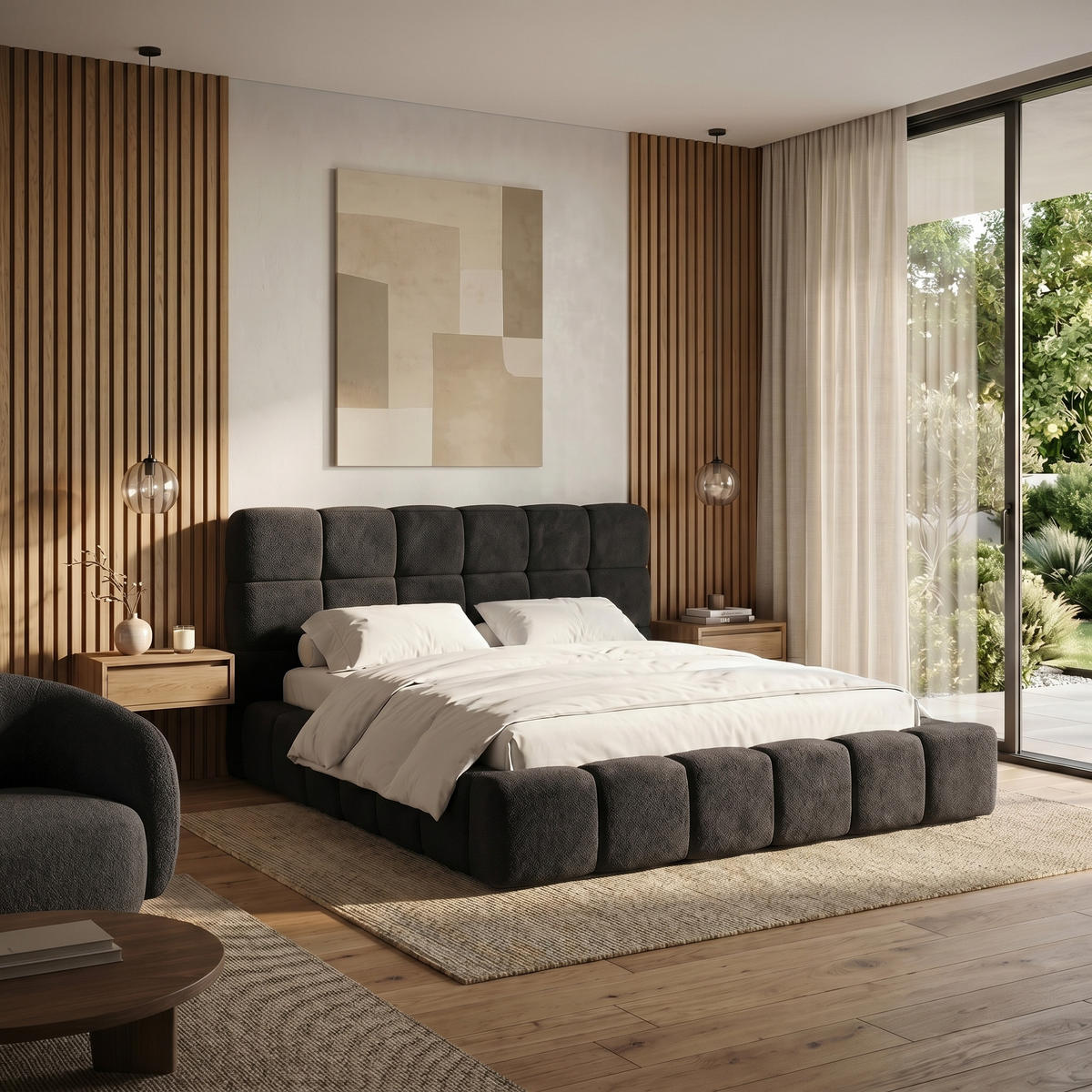 POLSTERBETT AMITY MAXI 180x200 cm in Graphit, gepolstertes Kopfteil, Lattenrost, Bettkasten, Bouclé-Stoff - Graphitfarben/Naturfarben, Holz/Textil (180/200cm) - Muffo