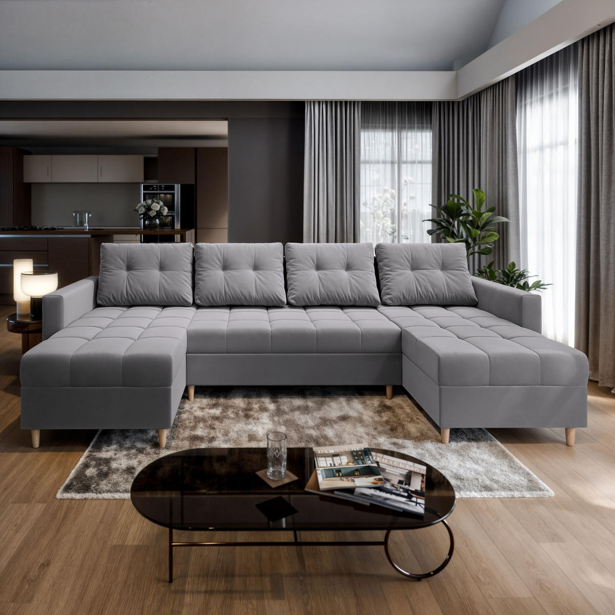 WOHNLANDSCHAFT MILO U Hellgrau Plüsch-Stoff mit Schlaffunktion - Hellgrau, Holz (285/91/140cm) - MASSENO