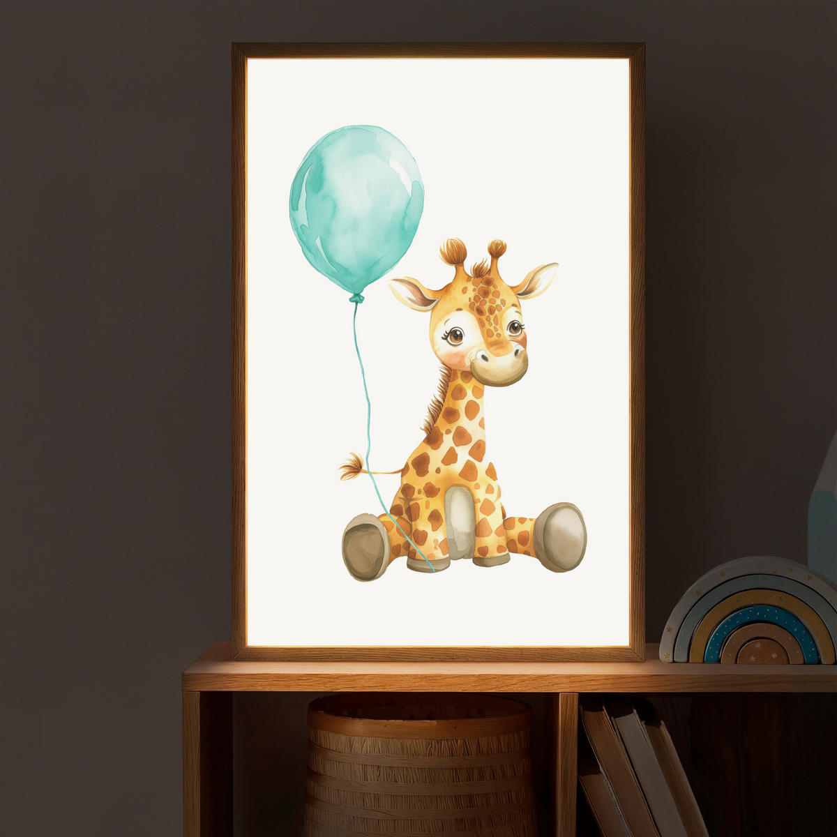 NACHTTISCHLAMPE MIT AKKU Giraffe - Baby - Tiere - Blauer Ballon 40x60 cm - Weiß, Holzwerkstoff (8/40/60cm) - OnlyWow