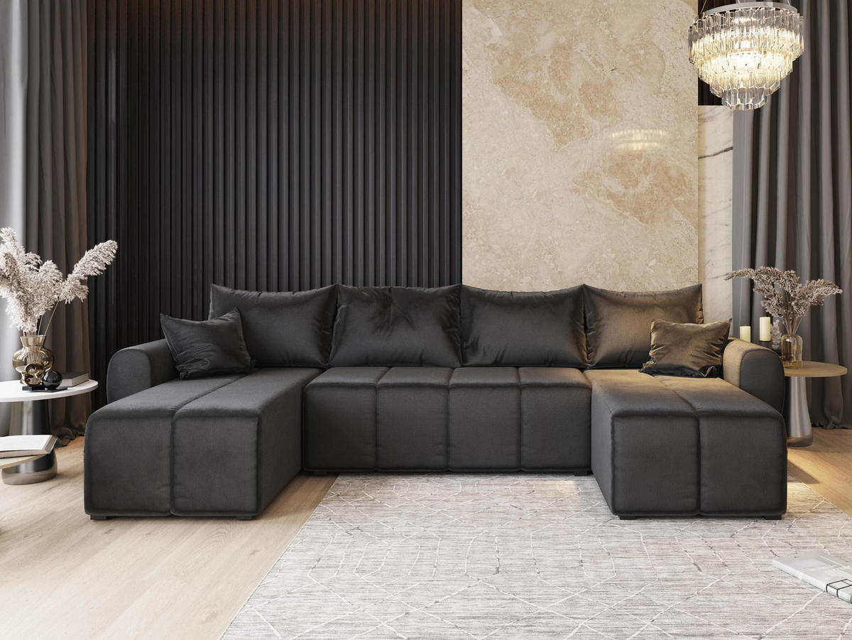 WOHNLANDSCHAFT MADISON U Braun Plüsch-Stoff mit Schlaffunktion - Braun, Holz (311/82/145cm) - MASSENO